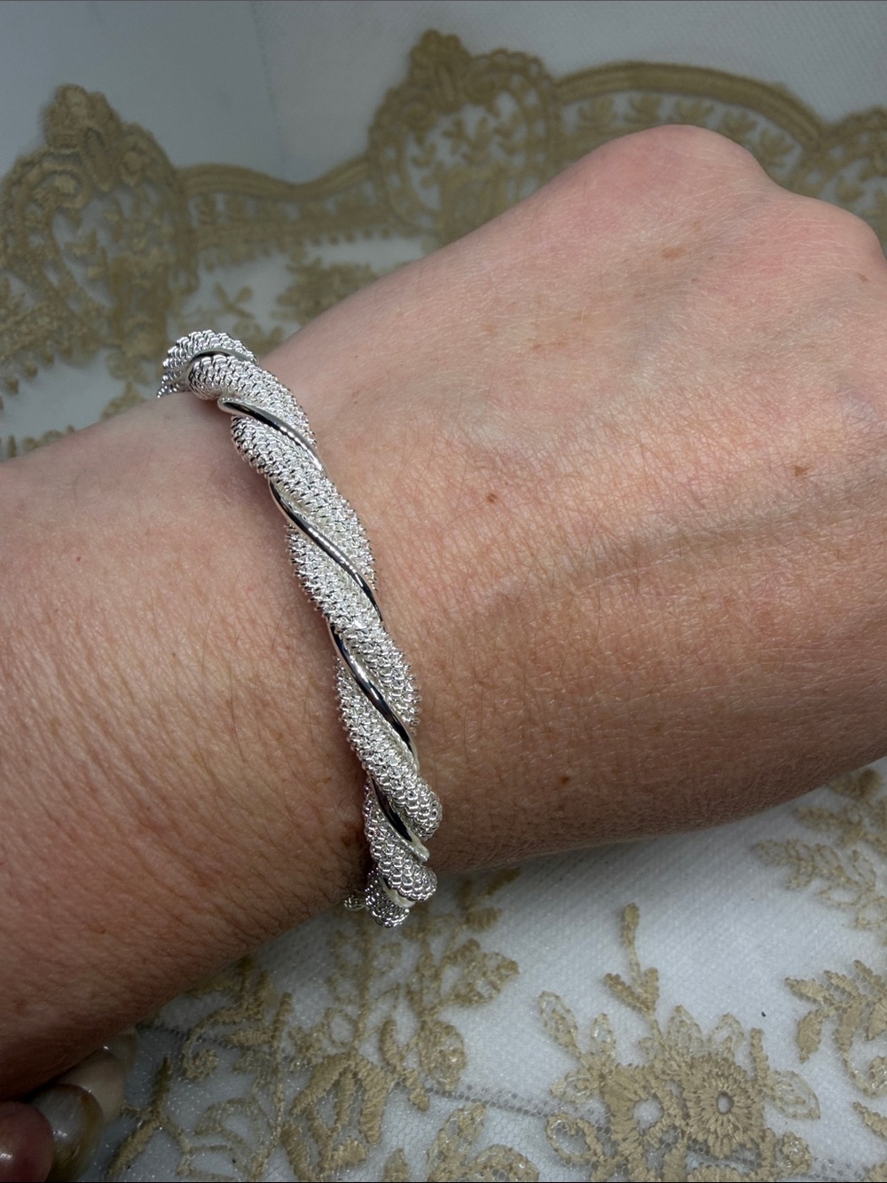 925 Sterling Silver Twisted Mesh Open Cuff Bangle Bracelet | Textured Cable